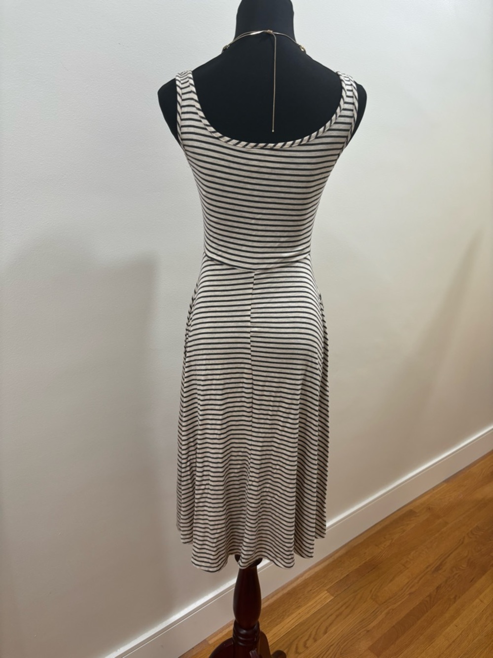 636. Olivia Rae Sleeveless Black and White Striped Fit-and-Flare Dress